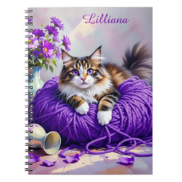 Cuaderno Cat  in Purple Yarn and Flowers Personalized