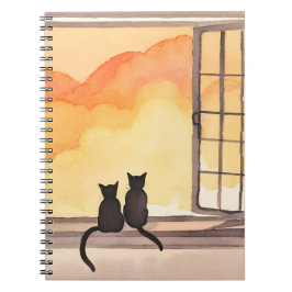 Cuaderno Cats in Window | Sunset Watercolor Silhouette
