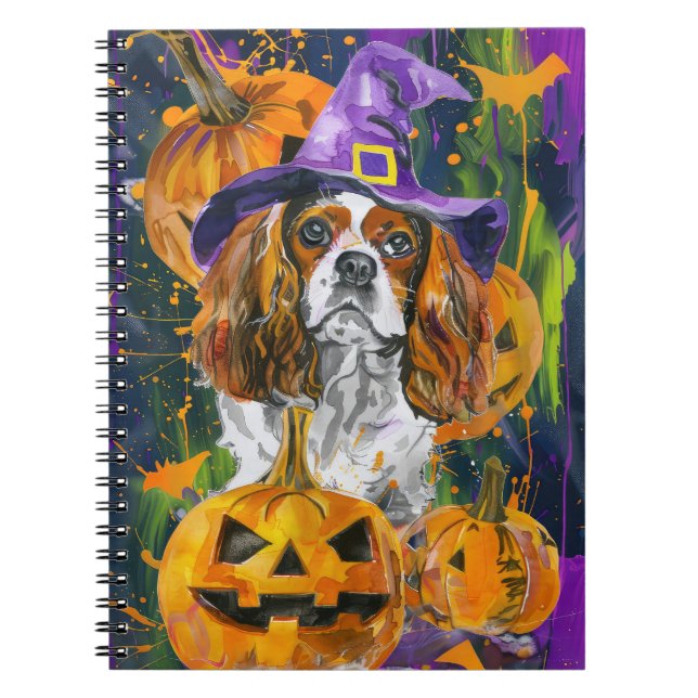 Cuaderno Cavalier King Dog Halloween Bruja Y Calabaza (Frente)