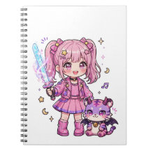 Cazadora de demonios kawaii rosa linda con espada