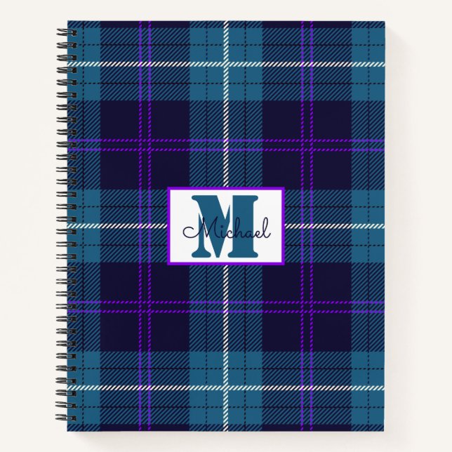 Cuaderno Celadon Blue-Dark Blue Plaid Tartán Personalizado (Anverso)
