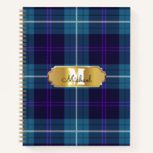 Celadon Blue Plaid Tartan Golden Monogramed
