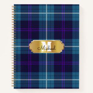 Cuaderno Celadon Blue Plaid Tartan Golden Monogramed