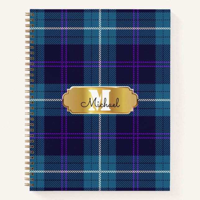 Cuaderno Celadon Blue Plaid Tartan Golden Monogramed (Anverso)