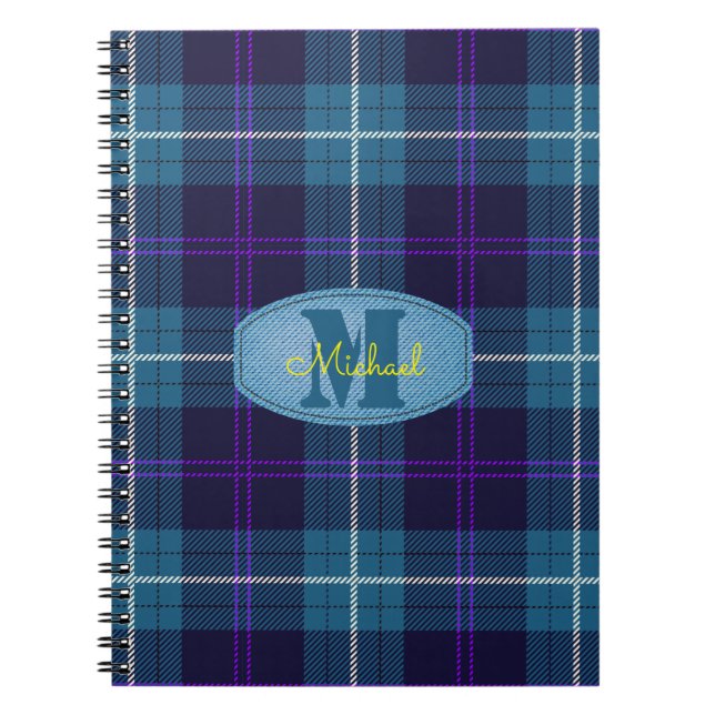Cuaderno Celadon Blue Plaid Tartan Jeans Monograma Script (Frente)