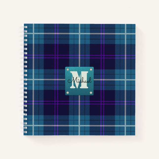 Cuaderno Celadon Blue Plaid Tartán Leather Monogramado (Anverso)