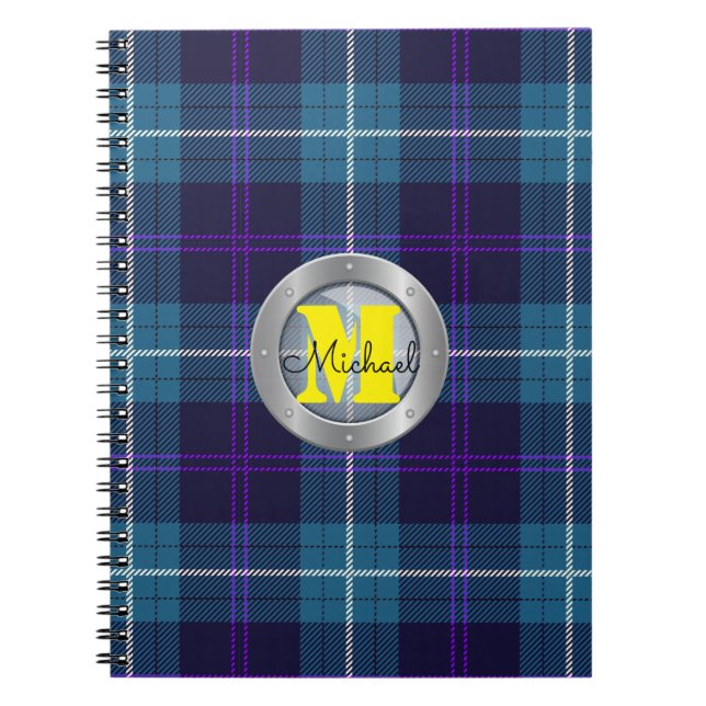 Cuaderno Celadon Blue Plaid Tartan Metallic Steel Monograma (Frente)