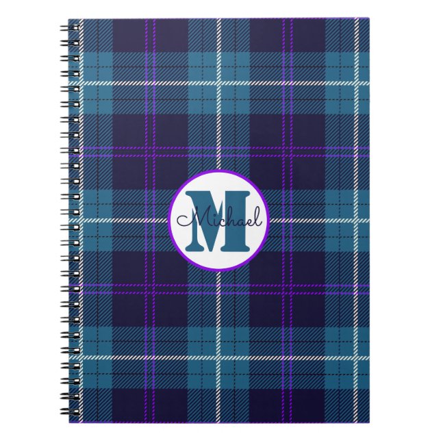 Cuaderno Celadon Blue Plaid Tartán Monograma Nombre de guió (Frente)