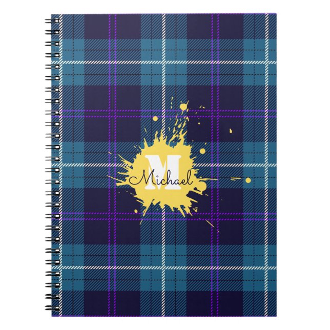 Cuaderno Celadon Blue Plaid Tartan Yellow Splash Monograma (Frente)