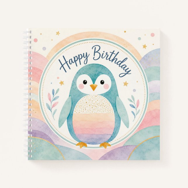 Cuaderno Celebración de Cumpleaños Pingüino Pastel Arcoíris (Anverso)