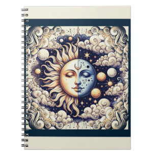 Cuaderno Celeste Vintage Medio Sol Y Luna Azul Amarillo