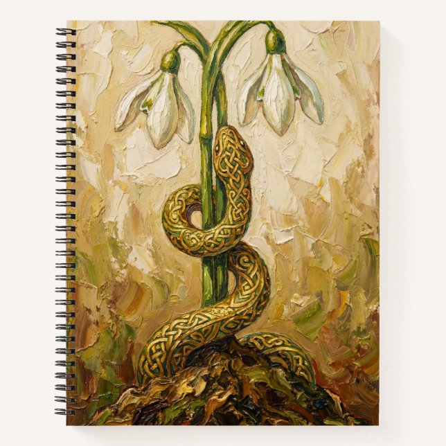 Cuaderno Celtic Snake Snowdrops Imbolc Rebirth Fantasy Art (Anverso)