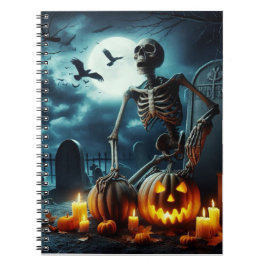 Cuaderno Cementerio, esqueleto sentado sobre una tumba.