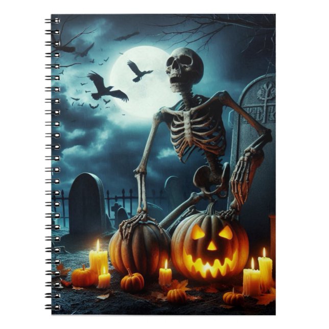 Cuaderno Cementerio, esqueleto sentado sobre una tumba. (Frente)