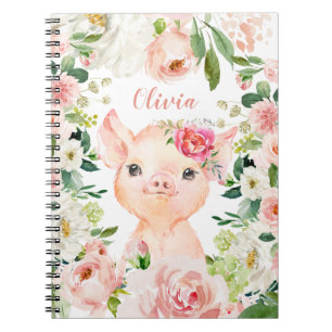 Cuaderno Cerdo con flores rosas Rubor
