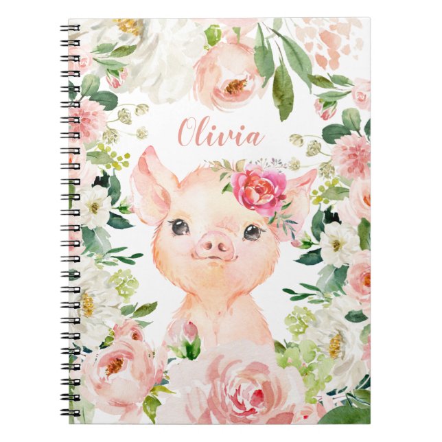 Cuaderno Cerdo con flores rosas Rubor (Frente)
