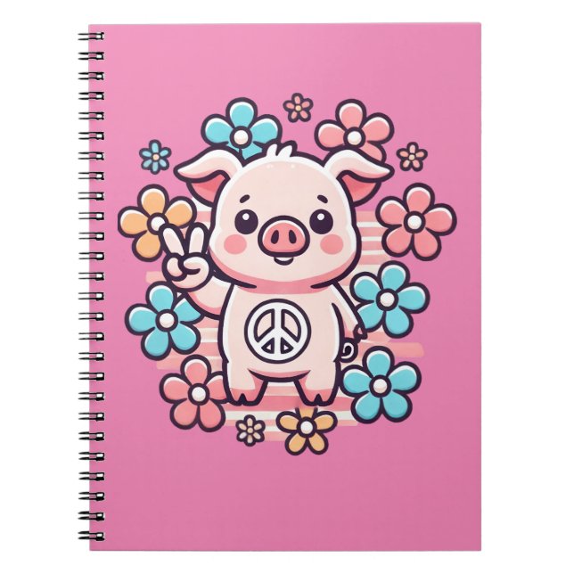 Cuaderno Cerdo lindo con signo de paz y flores temáticas de (Frente)