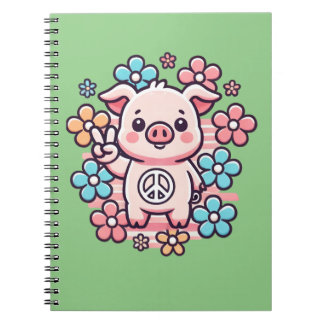 Cuaderno Cerdo lindo con signo de paz y flores temáticas de