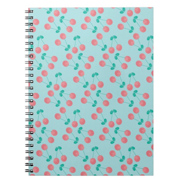 Cuaderno Cerezas Pintadas a Mano Acuarela Rosa Turquesa (Frente)