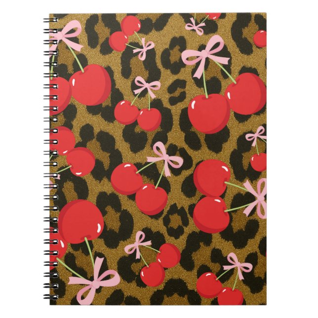 Cuaderno Cerezas Rojas con Lazo Rosa Impresión de Leopardo  (Frente)