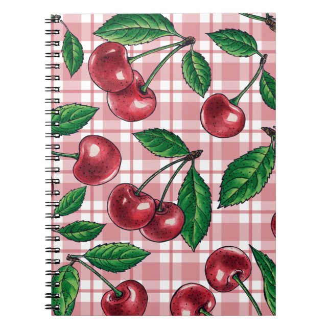 Cuaderno Cerezas rojas en gingham rosa (Frente)
