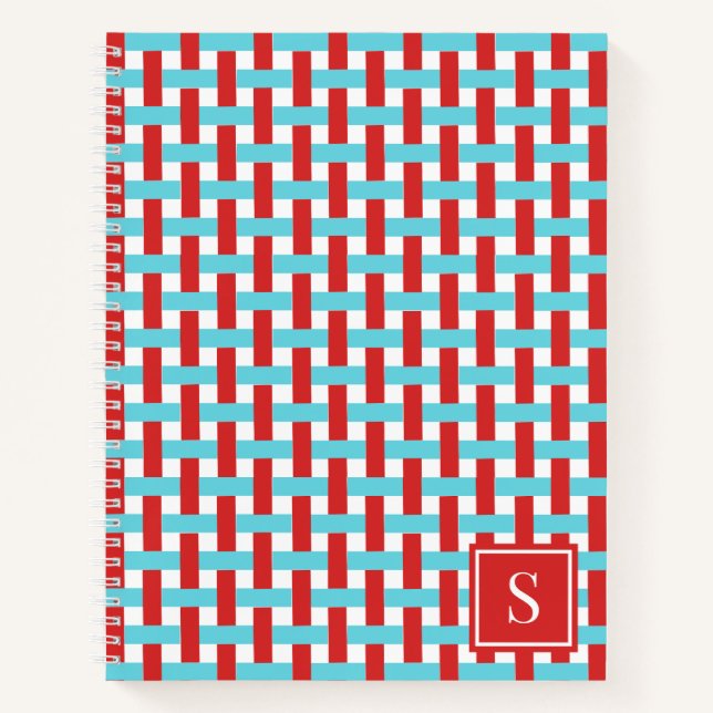 Cuaderno Cesta tejida Preppy – Monograma Rojo y Turquesa (Anverso)