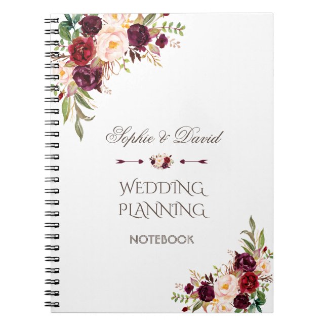 Cuaderno Charm Burgundy Red Marsala Planner de Boda Floral (Frente)