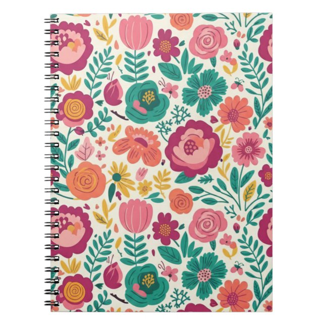 Cuaderno Cheery Folk Art Garden - Vibrant Pink & Teal (Frente)