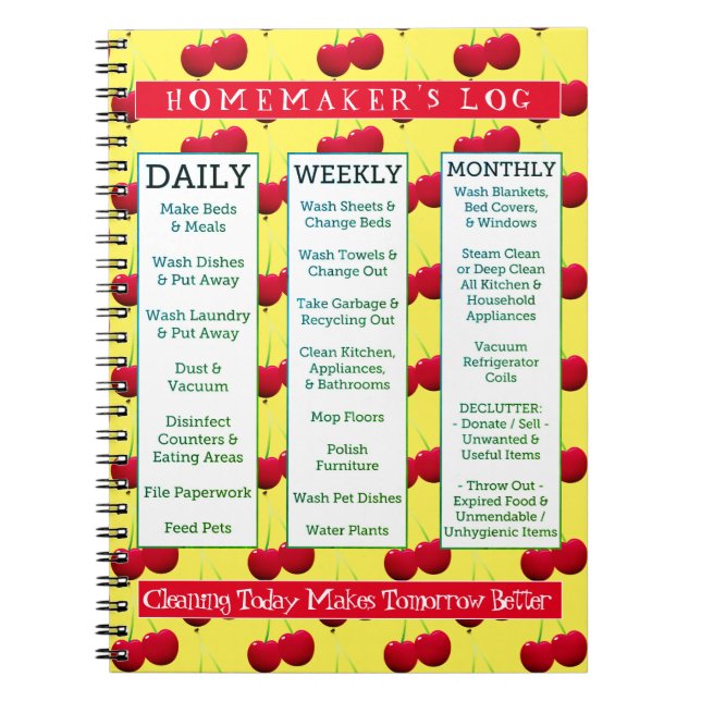 Cuaderno Cherry-Licious Homemaker's Log Cleaning Schedule (Frente)