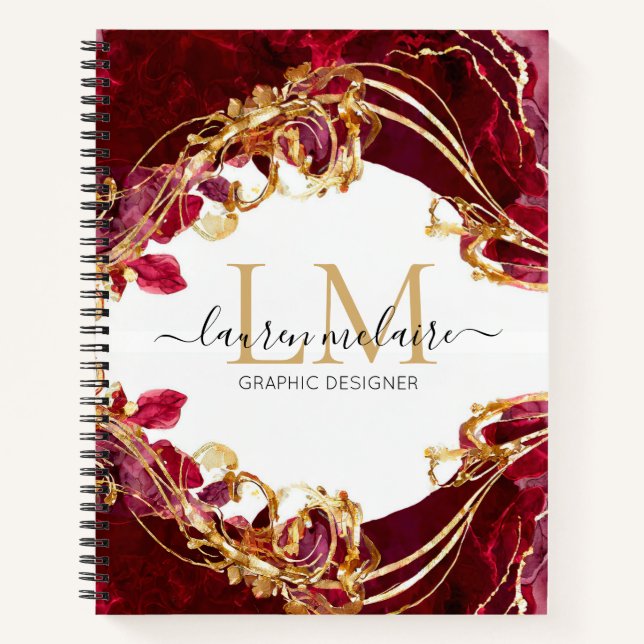 Cuaderno Cherry Red & Gold Monogram Name Script Notebook (Anverso)