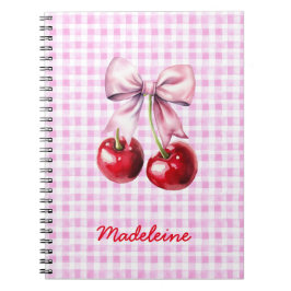 Cuaderno Cherry with Cute Pink Bow on Gingham Custom Name