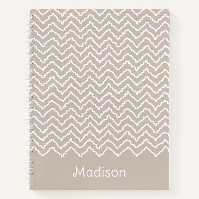 Cuaderno Chevron Zigzag Ondulado Beige y Blanco Con Nombre (Anverso)