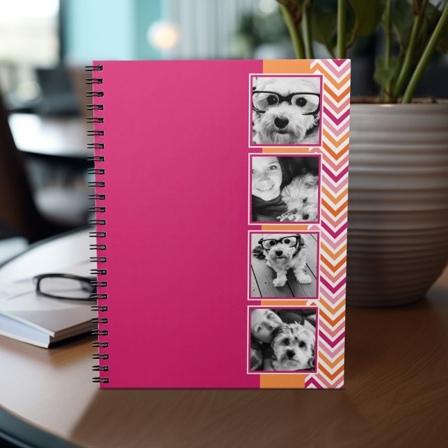 Cuaderno Chevrons, Naranja rosado caliente, Collage de foto (Personalized notebook - add photos and custom text)