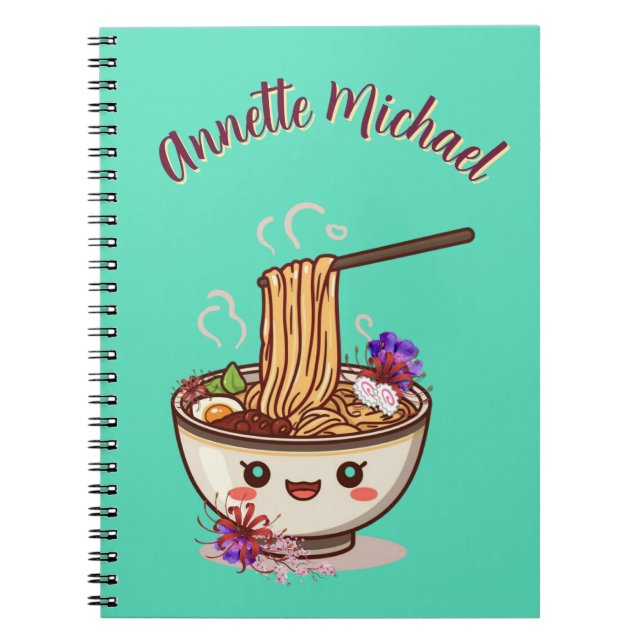 Cuaderno Chibi Cartoon Mint Green Ramen Bowl Japanese Flora (Frente)