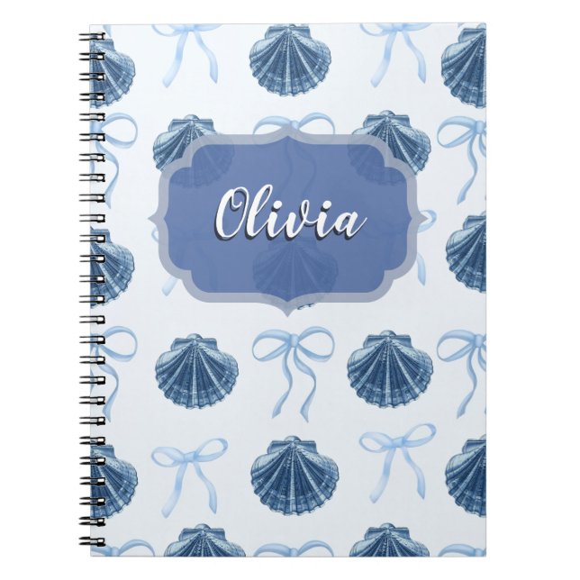 Cuaderno Chic Blue Coastal Shells and Bows Personalized (Frente)