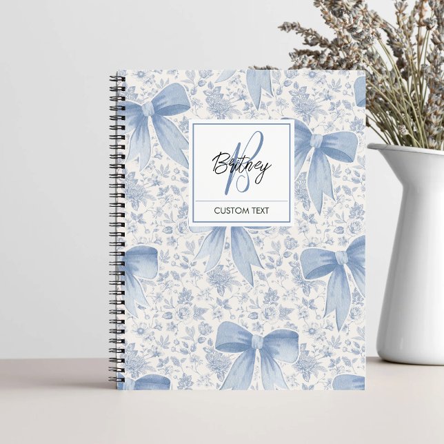 Cuaderno Chic Blue Floral With Bows Script Name Monogram (Subido por el creador)