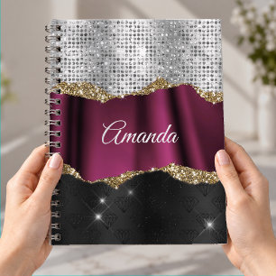 Cuaderno Chic brillo de plata falso Monograma negro fucsia