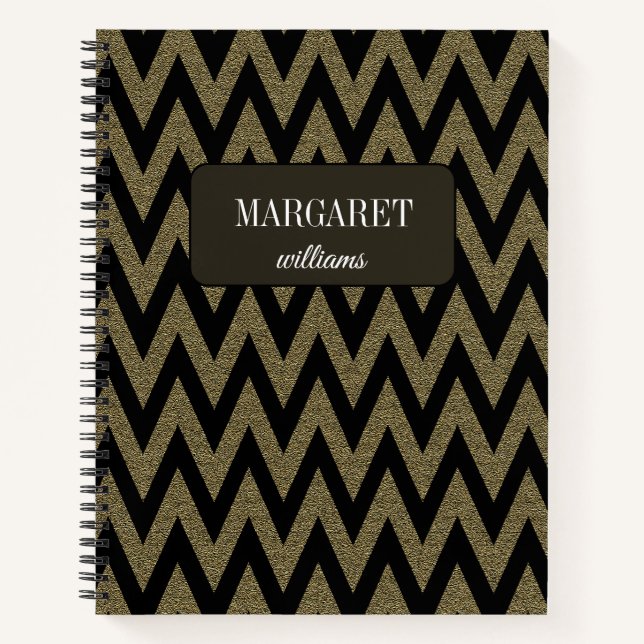 Cuaderno Chic chevron zigzag  glitter &black custom name (Anverso)