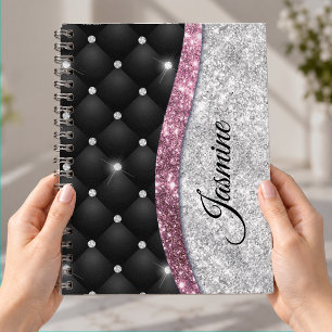 Cuaderno Chic femenino falso monograma rosa negro brillo Pl