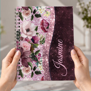 Cuaderno Chic floral Burdeos rosa púrpura brillo monograma