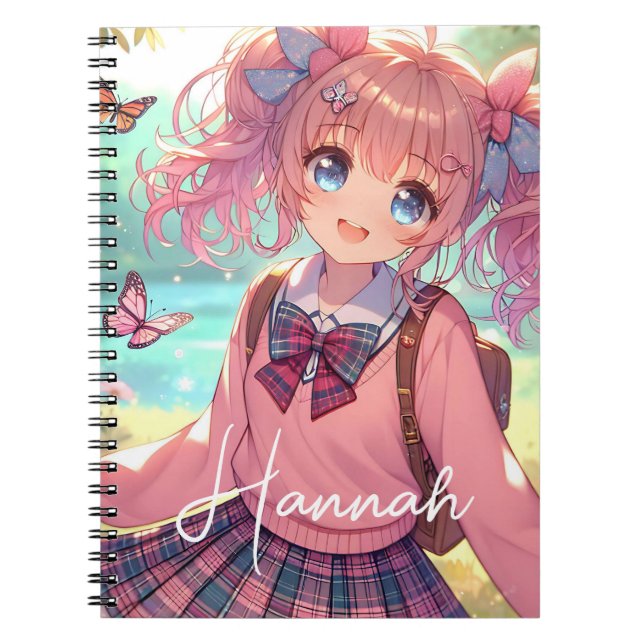 Cuaderno Chica anime bonita con coletas rosadas (Frente)