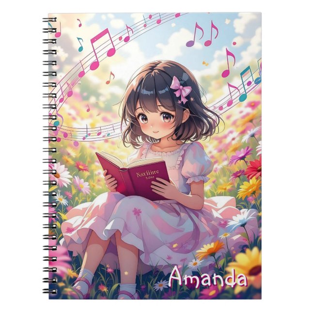 Cuaderno Chica Anime Bonita Leyendo un Libro Personalizado (Frente)