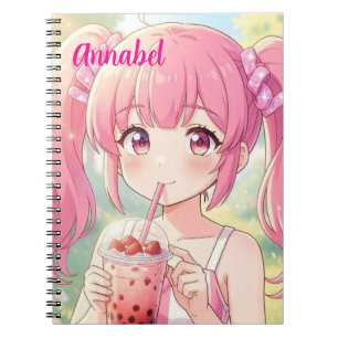Cuaderno Chica Anime de Rosa Bebiendo Té de Burbujas Person