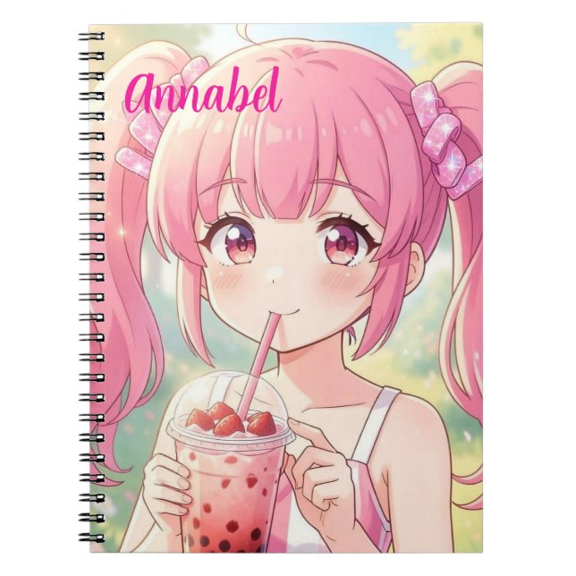 Cuaderno Chica Anime de Rosa Bebiendo Té de Burbujas Person (Frente)