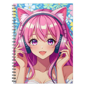 Cuaderno Chica anime rosa linda con auriculares
