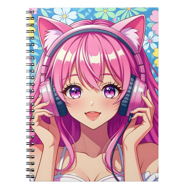 Cuaderno Chica anime rosa linda con auriculares (Frente)