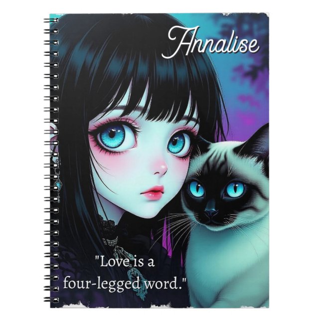 Cuaderno Chica Anime y Gato Siames Quote Personalizado (Frente)