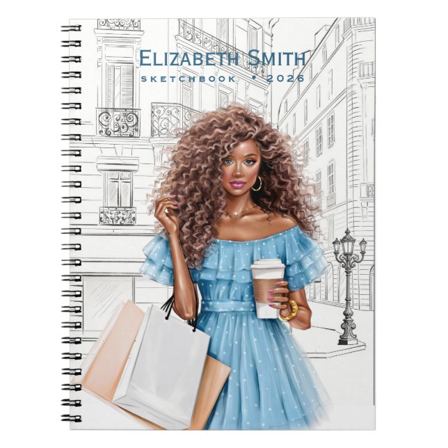 Cuaderno Chica bonita con café y bolsas de compras (Frente)