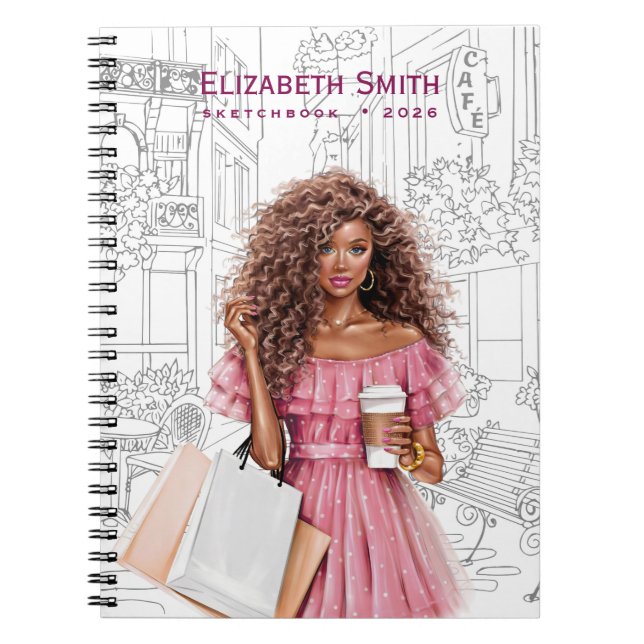 Cuaderno Chica bonita con café y bolsas de compras (Frente)