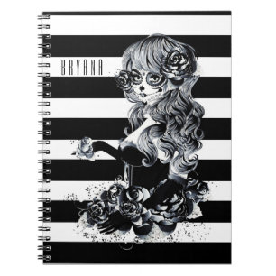 Cuaderno Chica Calavera Azucarada Bonita con Rayas Negras y